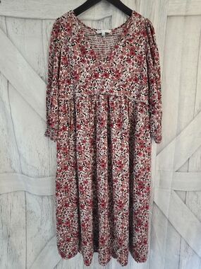 The Nines by HATCH Floral Midi Dress XXL Pink Boho Long Sleeve Stretch Back